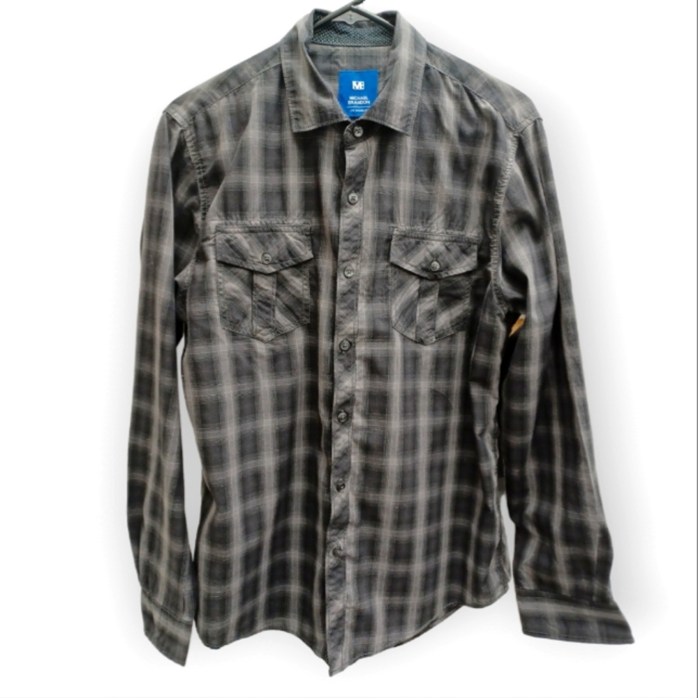 Michael Brandon Shirt Long Sleeve Men Size M Plaid pattern color Gray